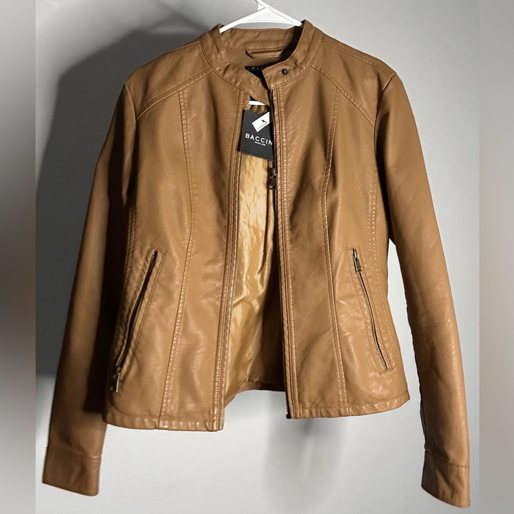 Baccini Vegan Leather Moto Jacket Camel Tan Zip Front Minimalist Chic Small NWT